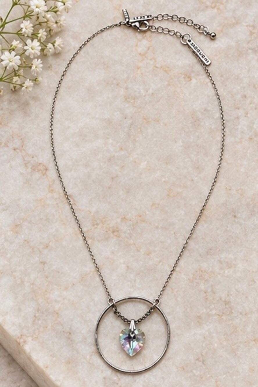 Minimalist circle Silver tone chain & heart Austrian Crystal 20–23”